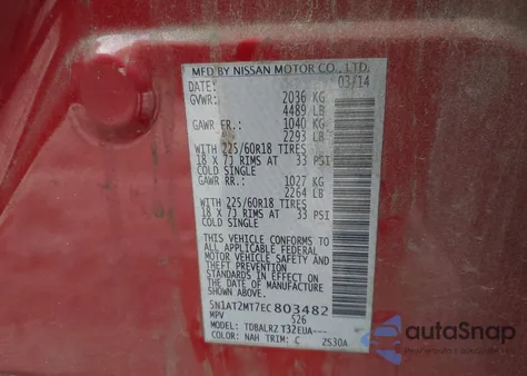 2014 Nissan Rogue Sl z USA, uszkodzony, nr VIN 5N1AT2MT7EC803482